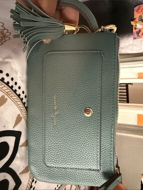 Nanette Lepore Teal Pebbled Leather Tassel Wristlet
